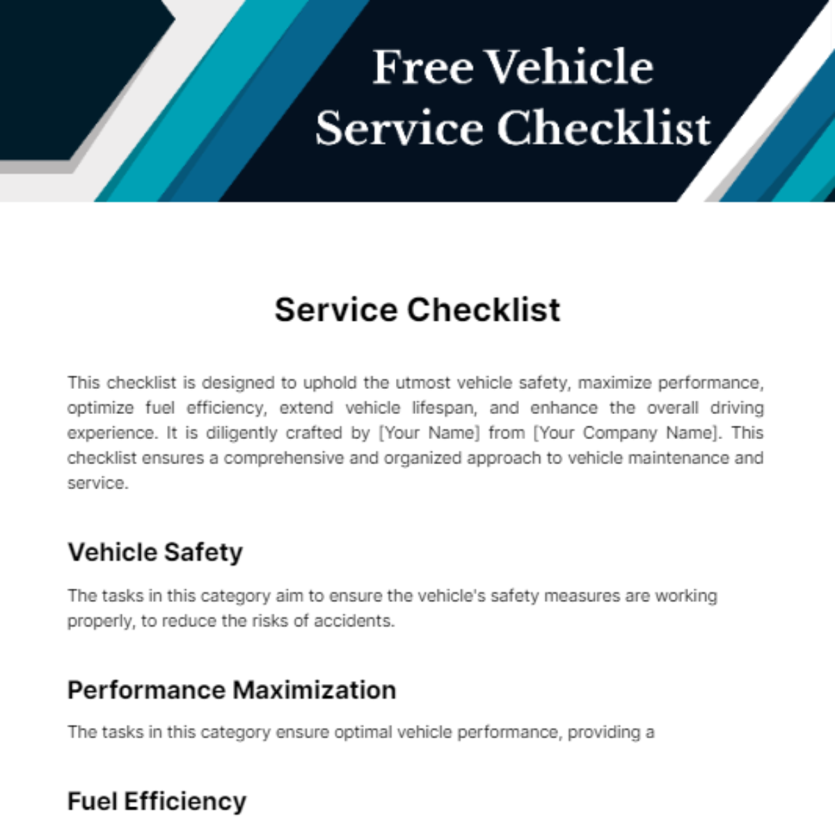 Vehicle Service Checklist Template