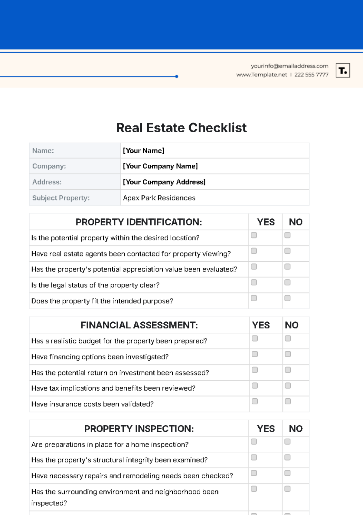 Real Estate Checklist Template