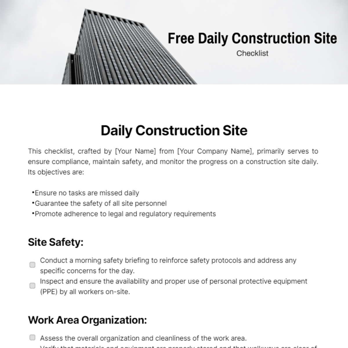 Daily Construction Site Checklist Template
