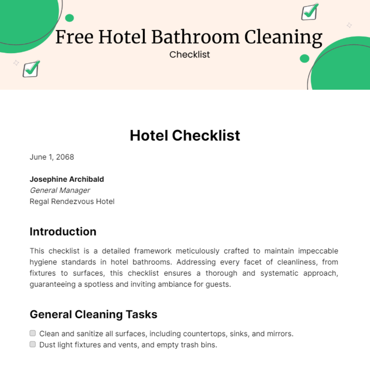 Hotel Bathroom Cleaning Checklist Template