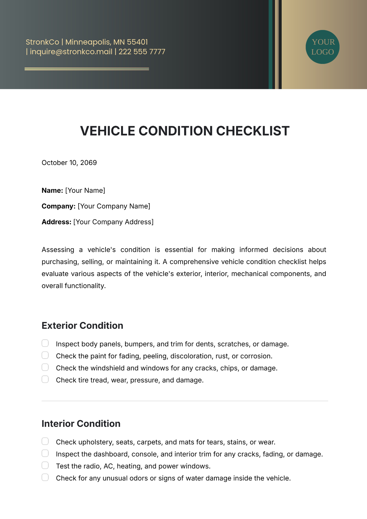 Vehicle Condition Checklist Template - Edit Online & Download