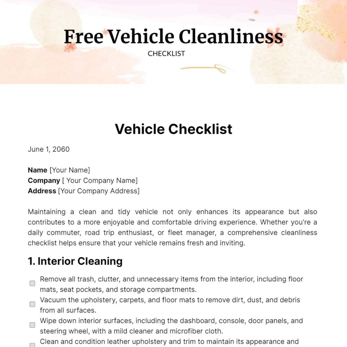 Free Vehicle Cleanliness Checklist Template