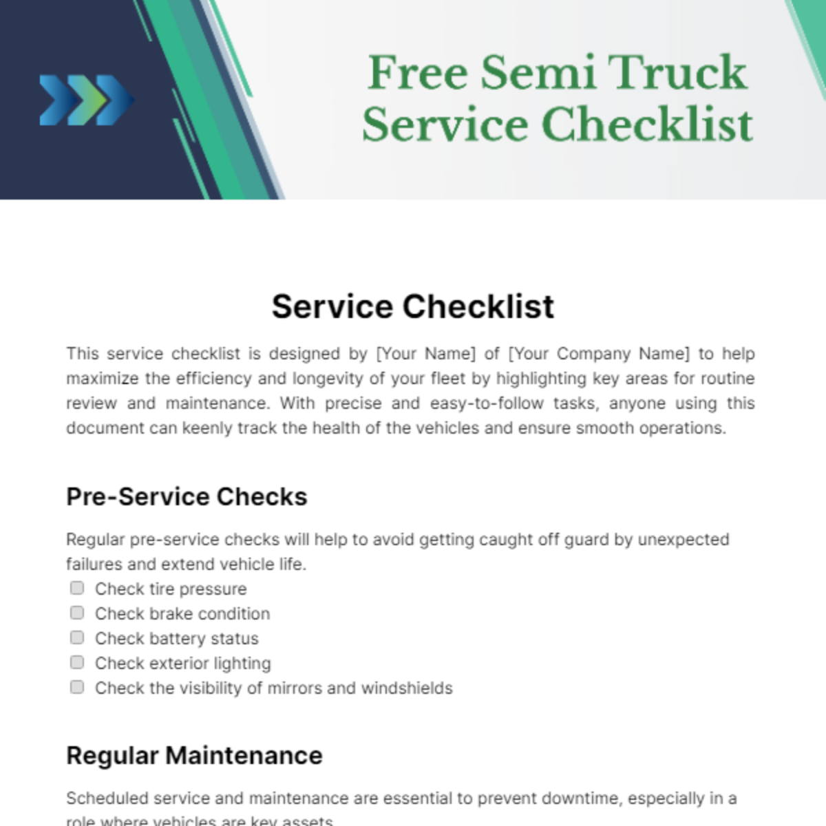 Free Semi Truck Service Checklist Template