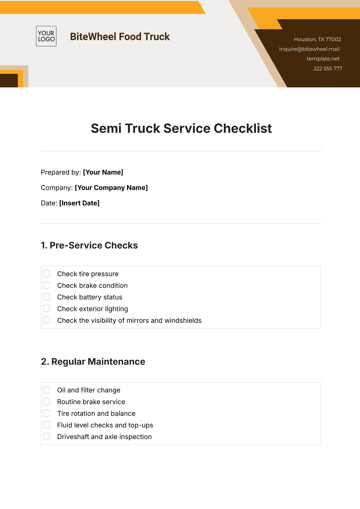 Semi Truck Service Checklist Template - Edit Online & Download