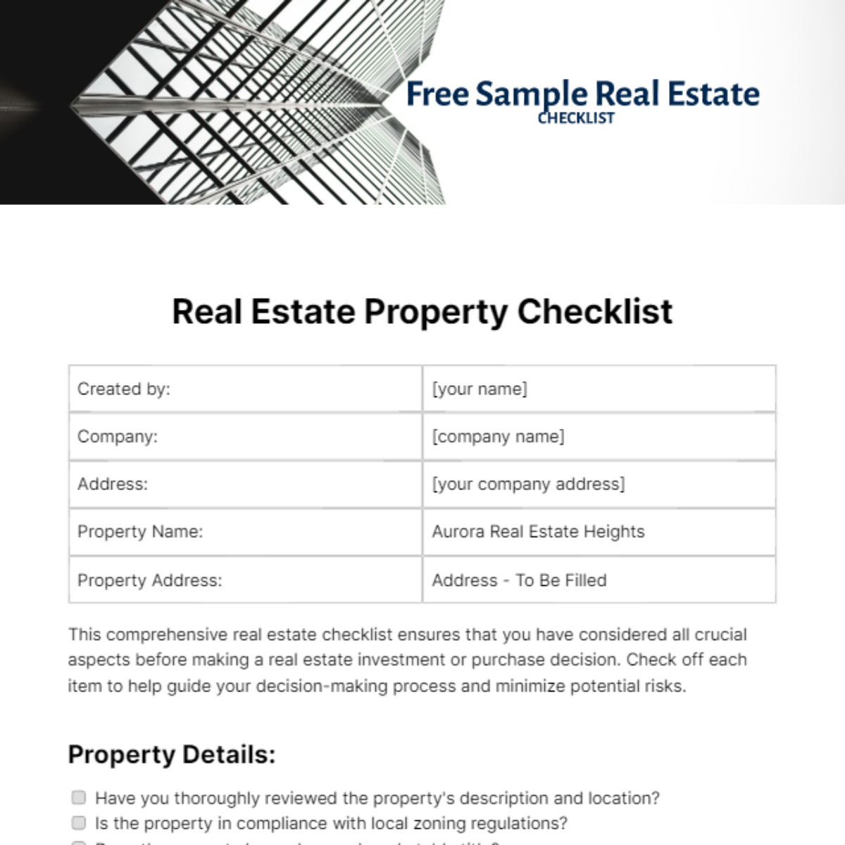 Sample Real Estate Checklist Template