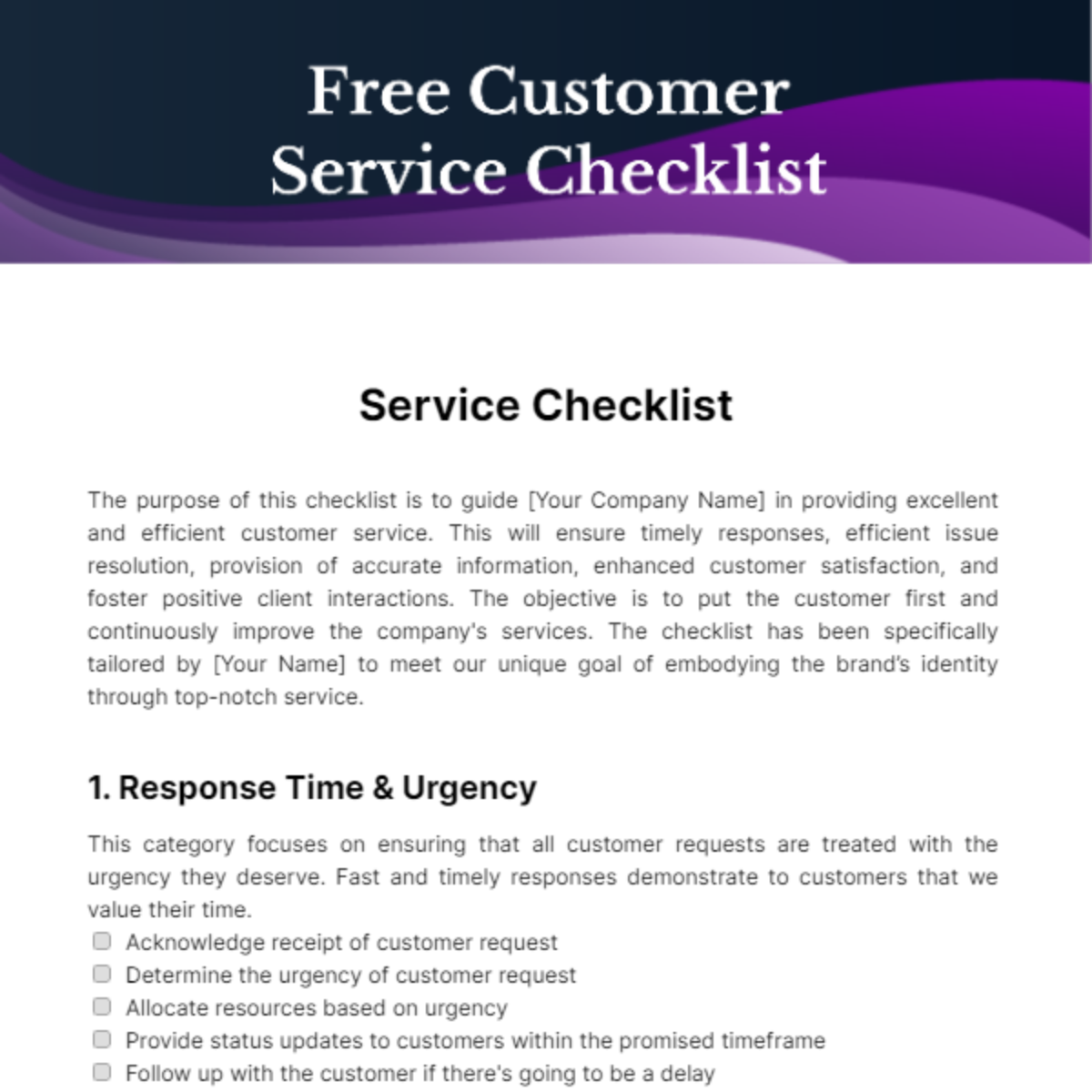 Free Customer Service Checklist Sample Template