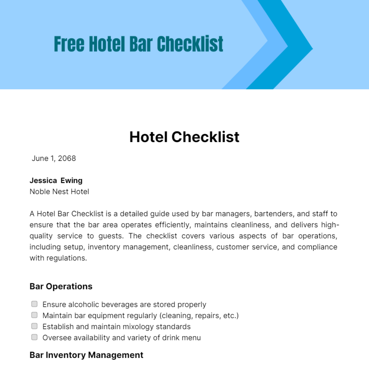 Hotel Bar Checklist Template