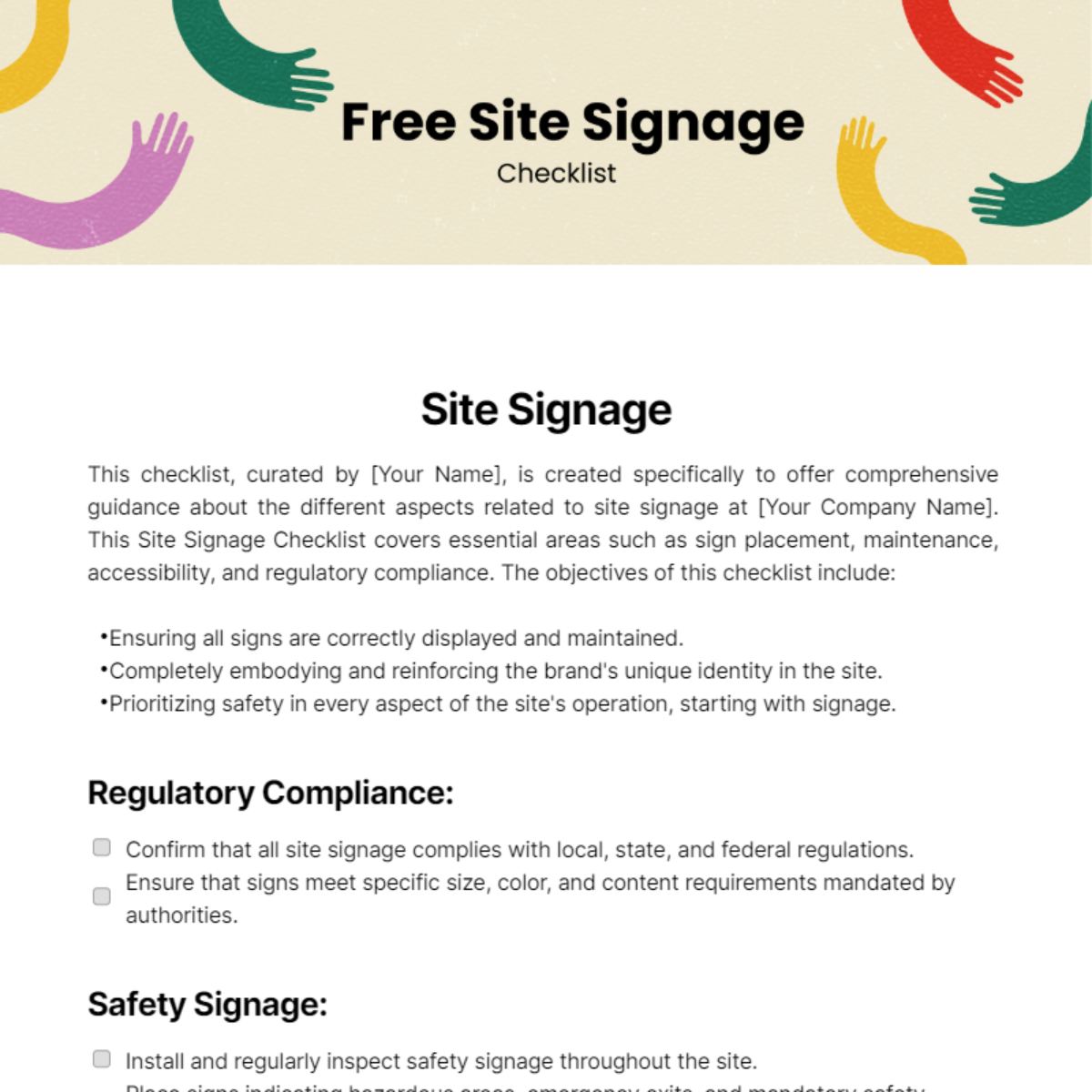 Site Signage Checklist Template