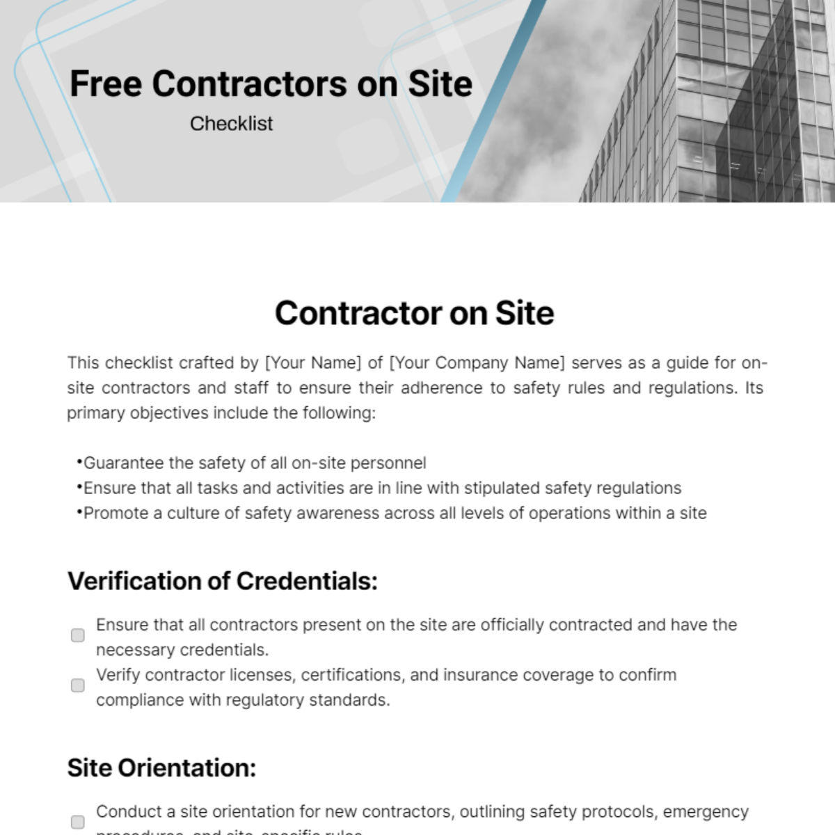 Contractors on Site Checklist Template