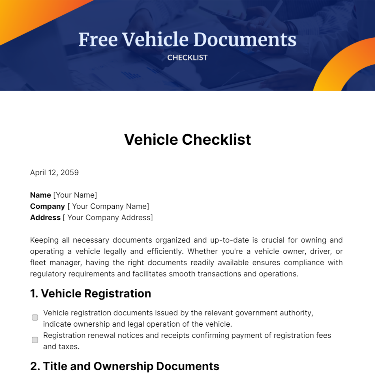 Free Vehicle Documents Checklist Template