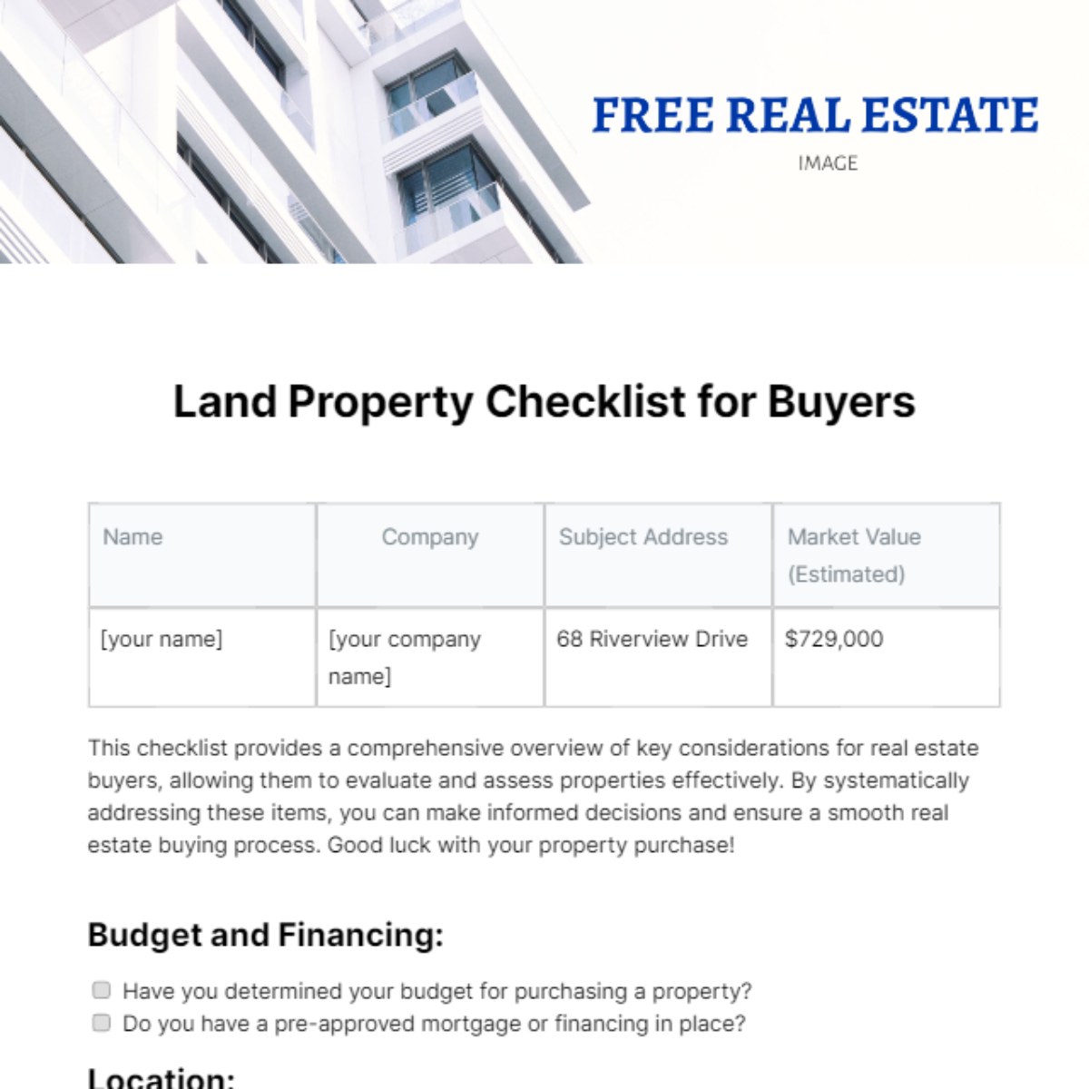 Real Estate Checklist for Buyers Template