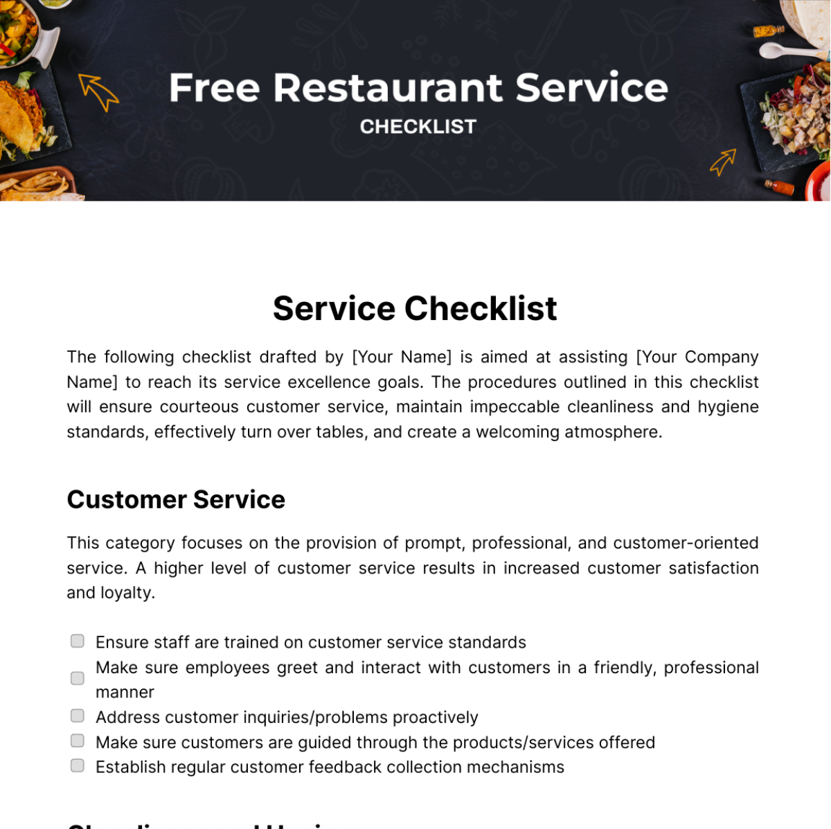Free Restaurant Service Checklist Template