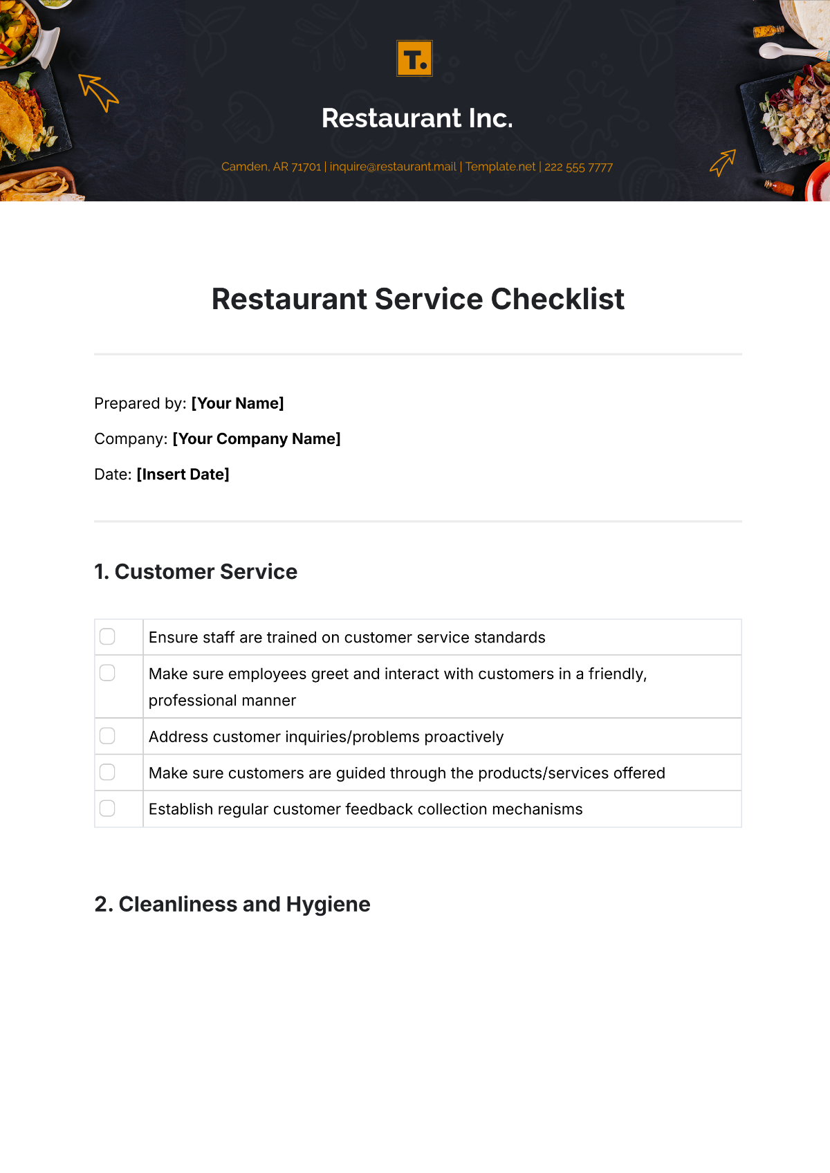 Restaurant Service Checklist Template - Edit Online & Download