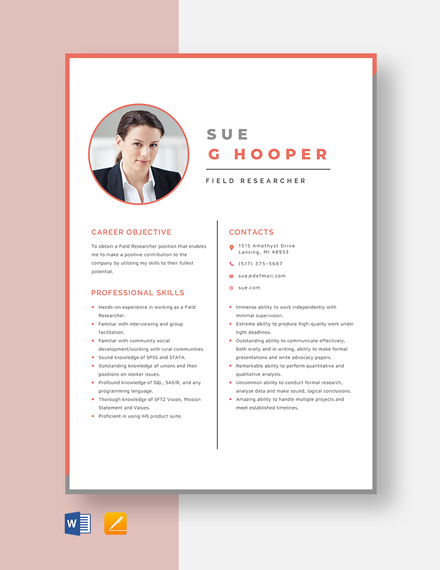 Field Researcher Resume Template - Word, Apple Pages