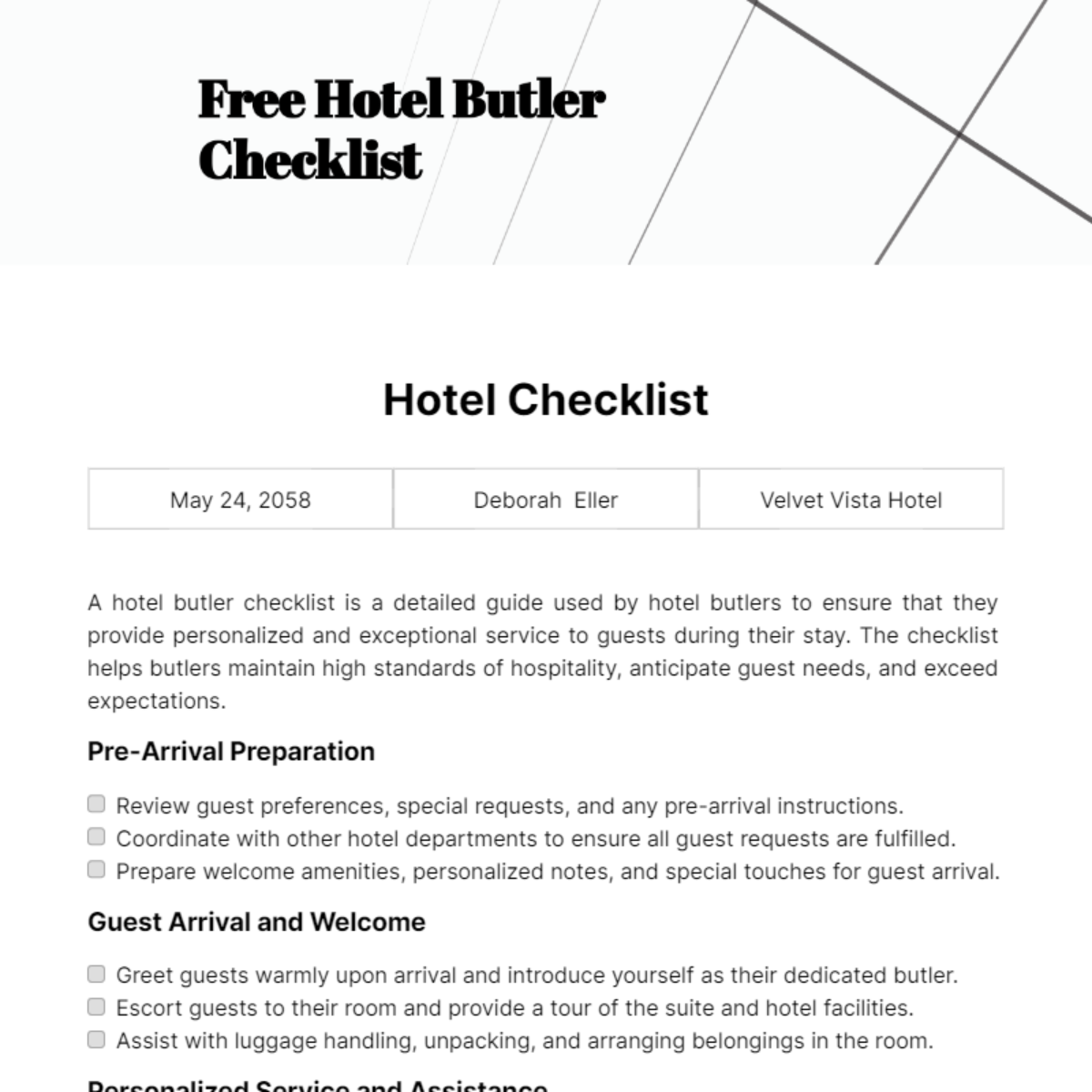 Hotel Butler Checklist Template