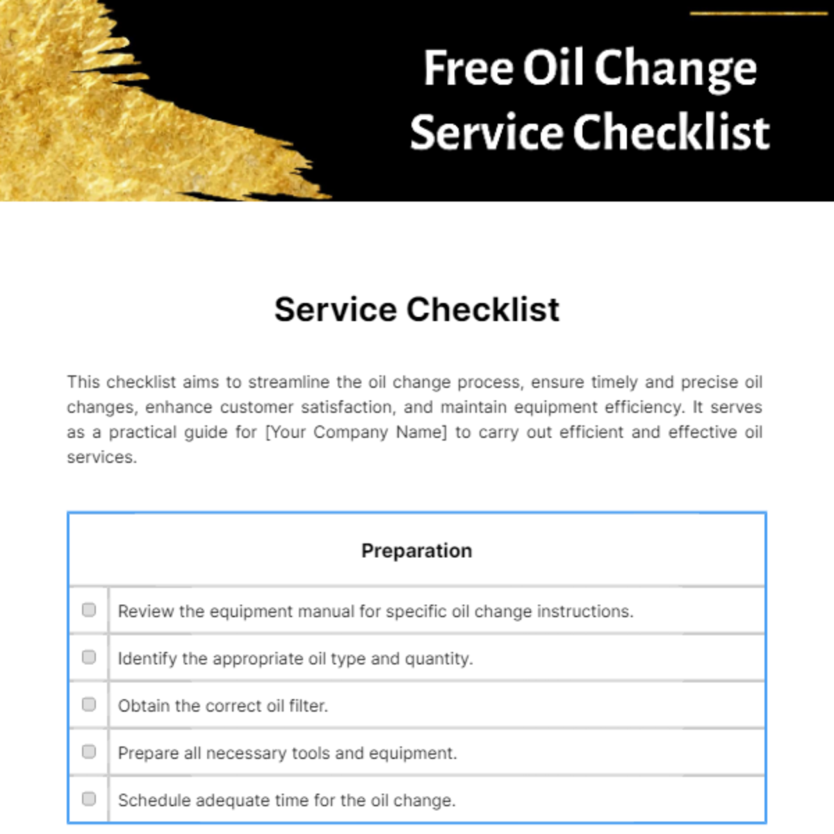 Oil Change Service Checklist Template