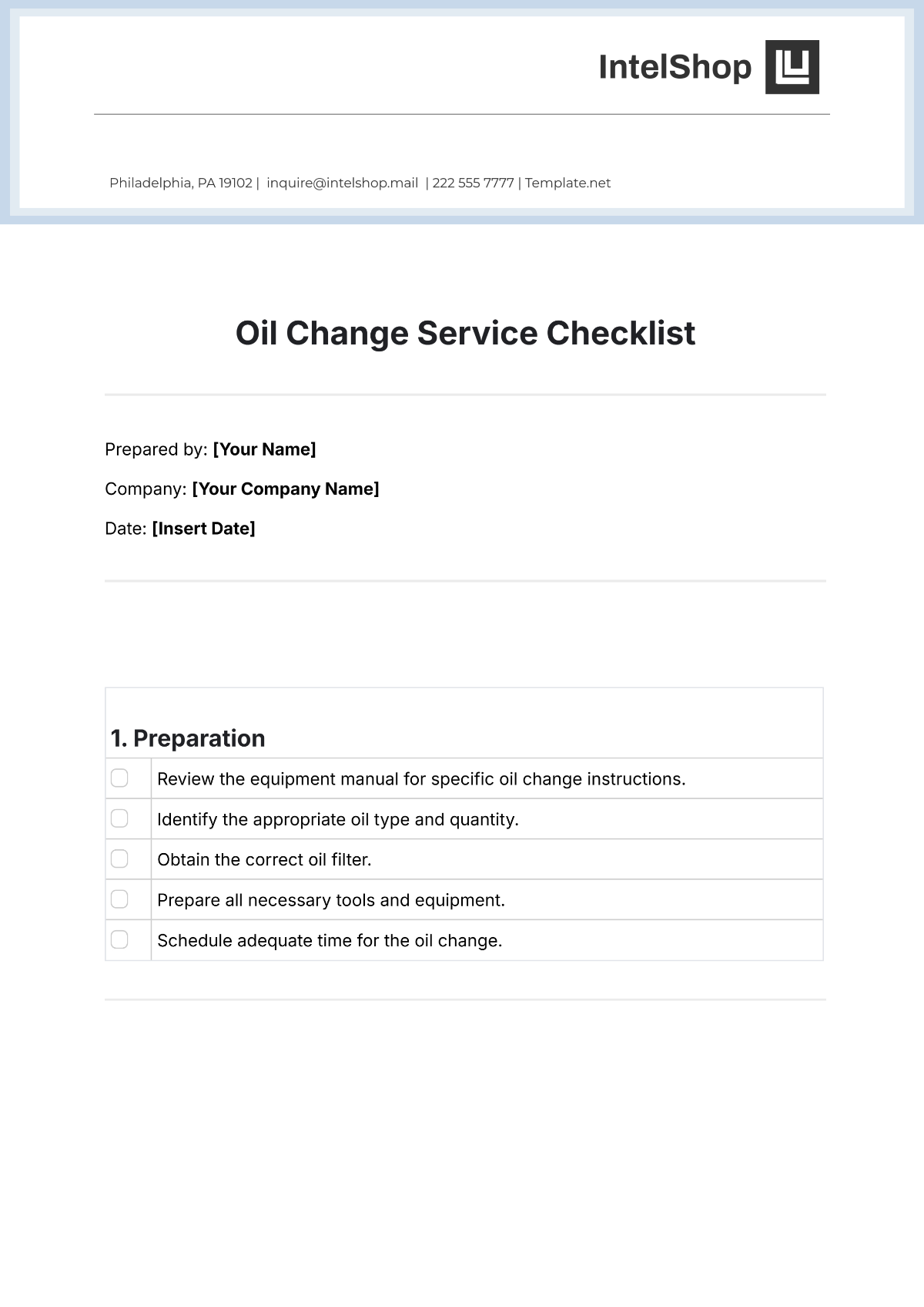 Oil Change Service Checklist Template