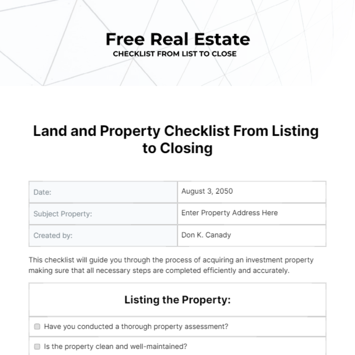Real Estate Checklist from List to Close Template