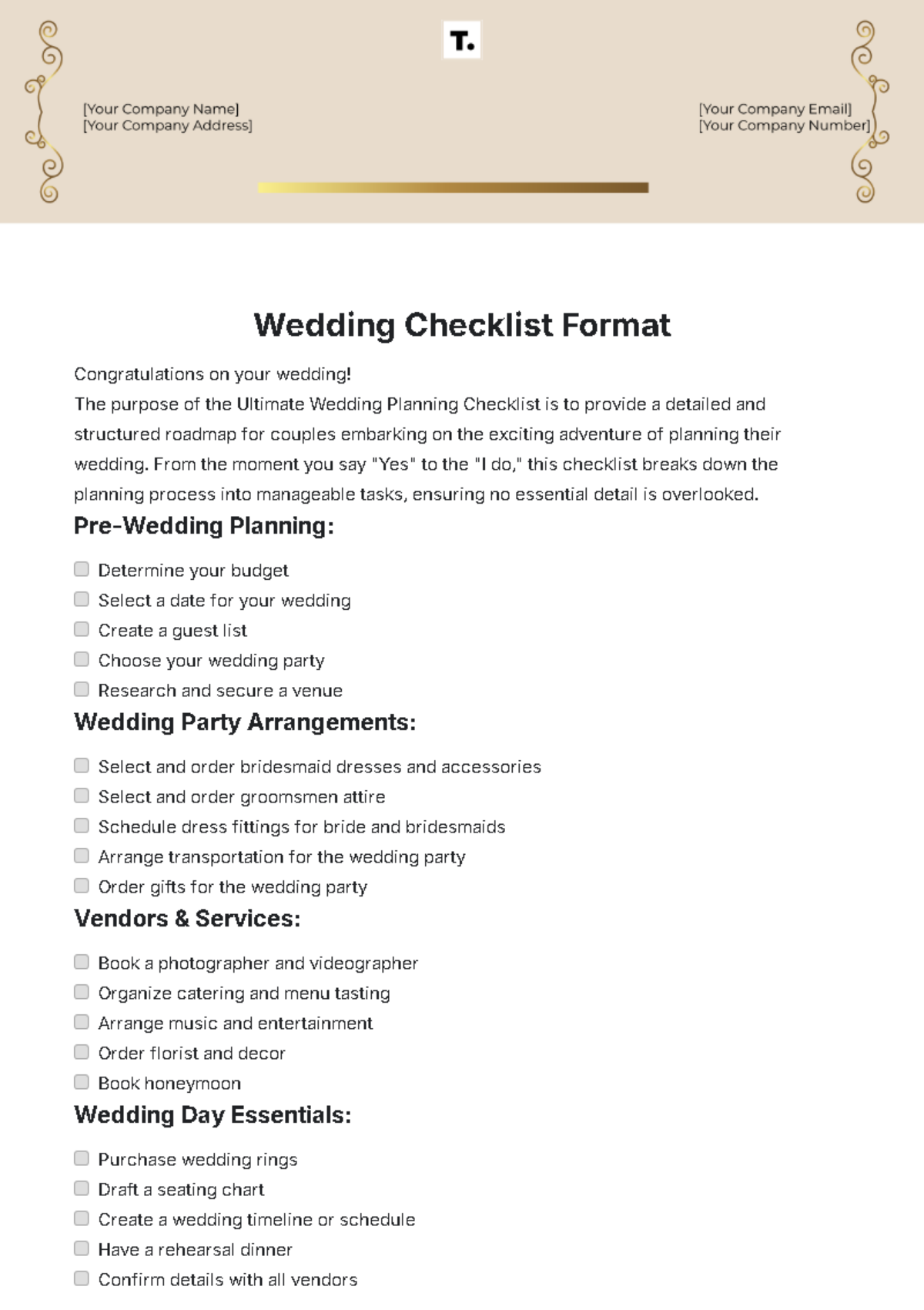 Wedding Checklist Format Template - Edit Online & Download