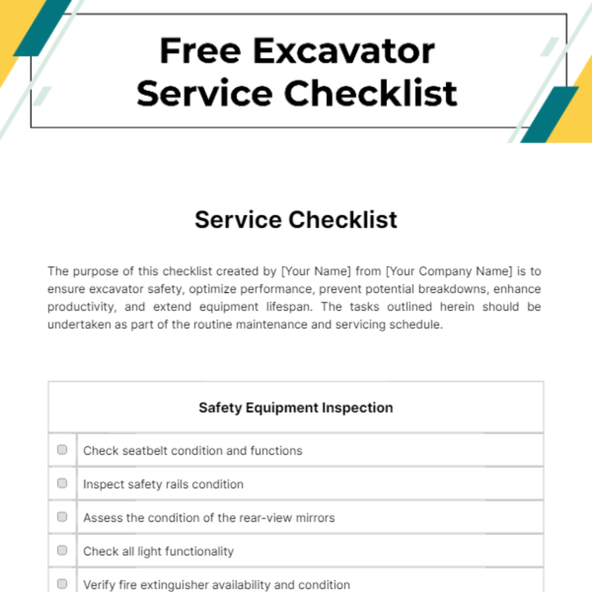 Excavator Service Checklist Template