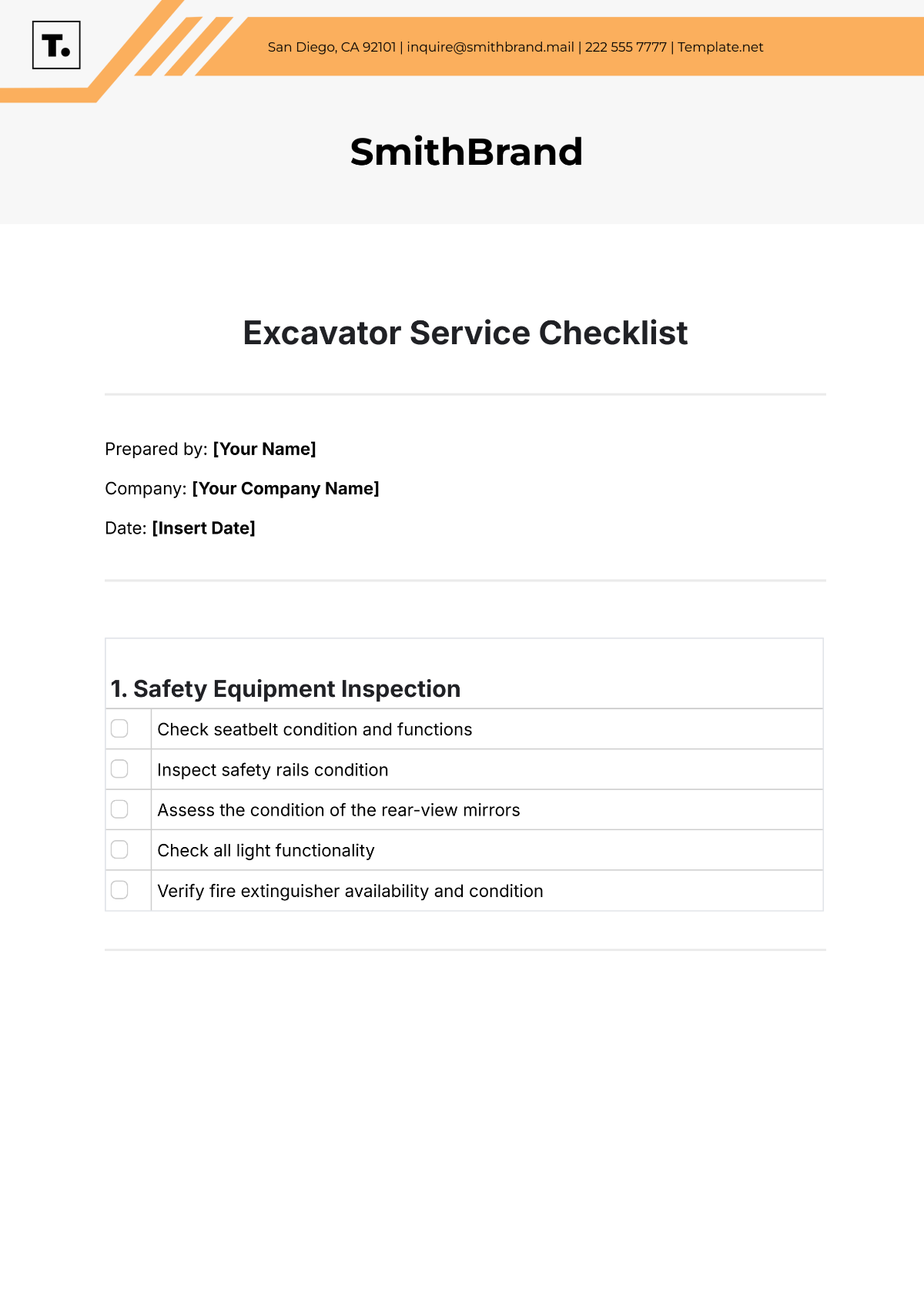 Excavator Service Checklist Template - Edit Online & Download