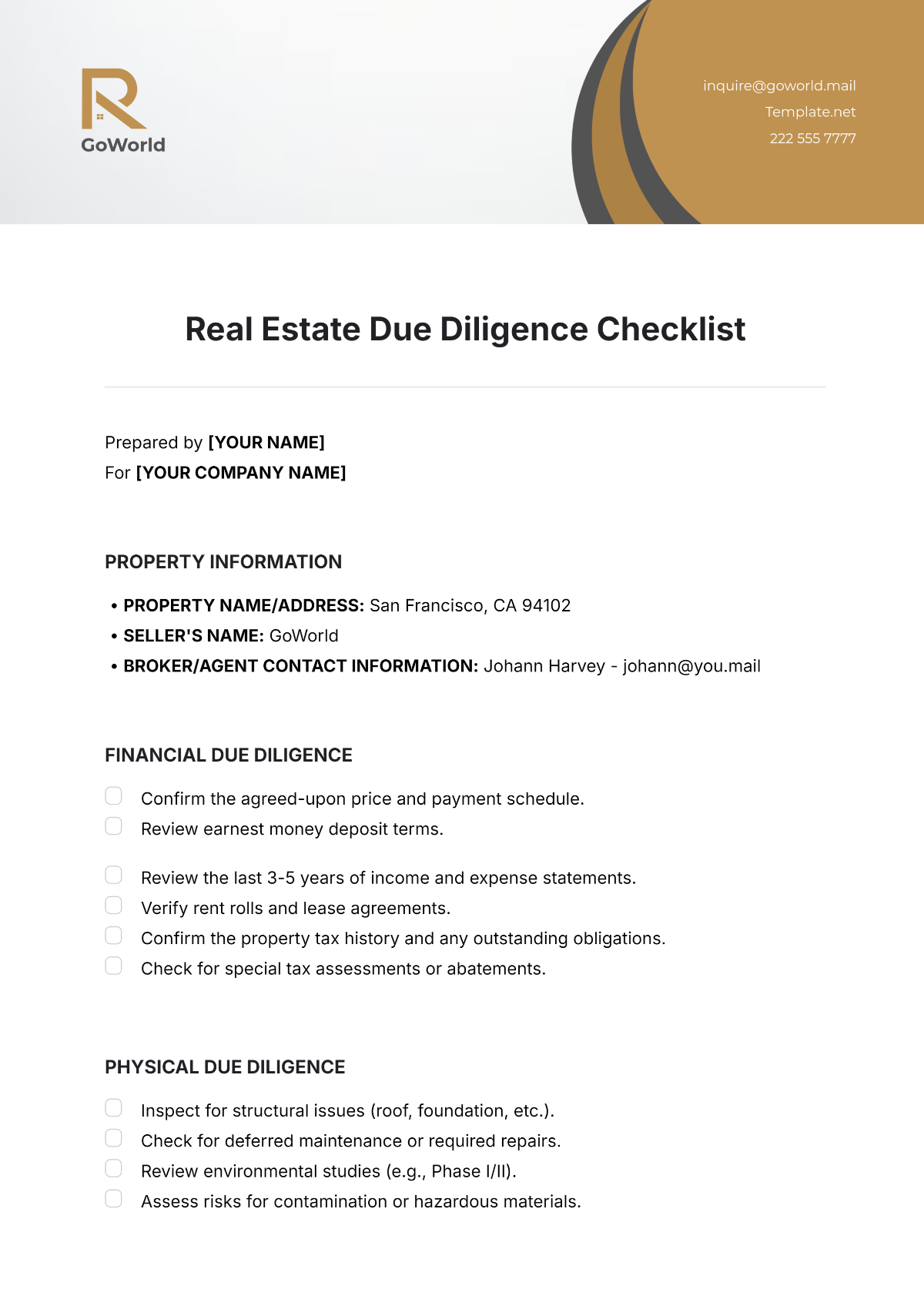 Real Estate Due Diligence Checklist Template - Edit Online & Download