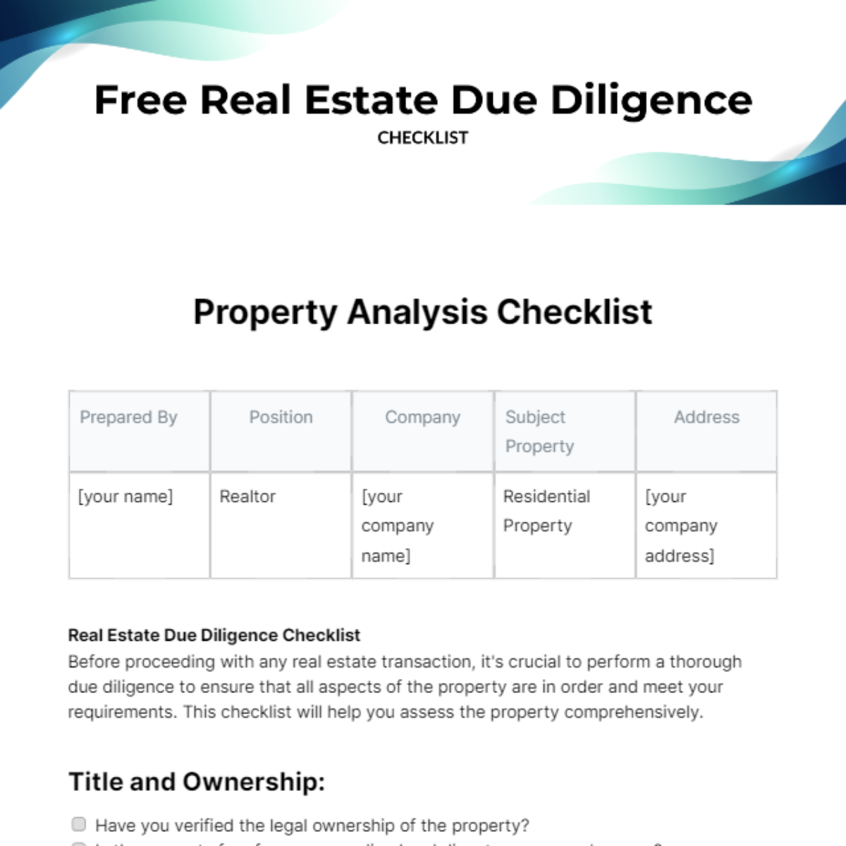 Real Estate Due Diligence Checklist Template