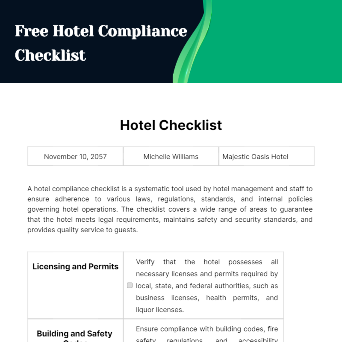 Hotel Compliance Checklist Template