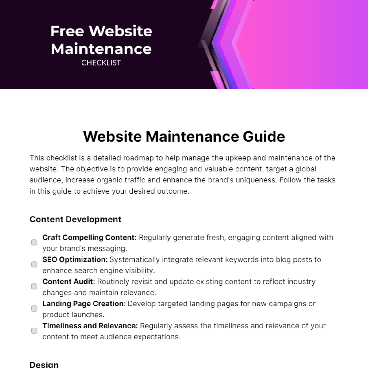 Website Maintenance Checklist Template
