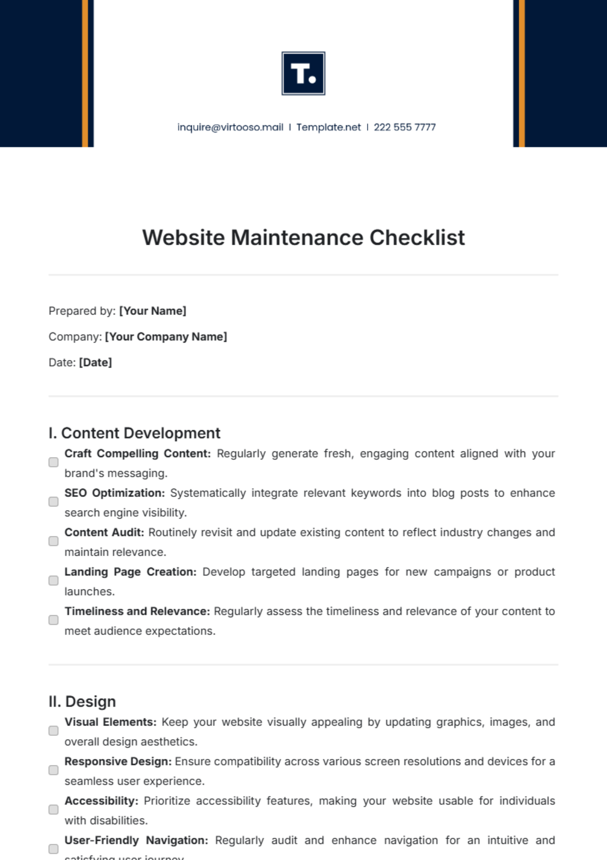 Website Maintenance Checklist Template - Edit Online & Download