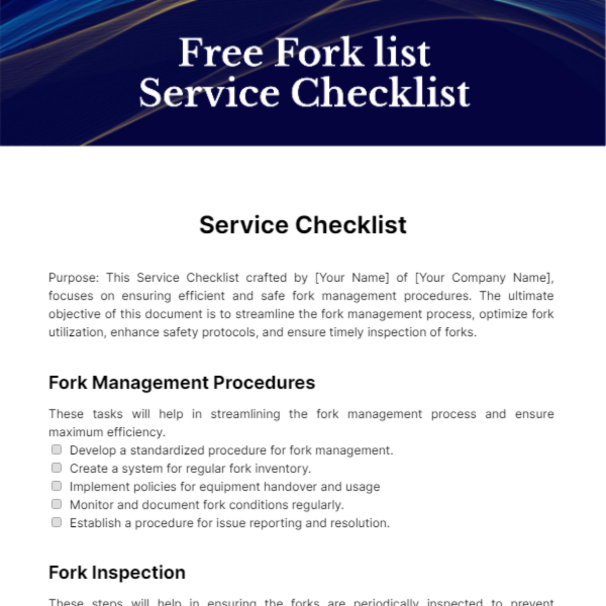 Free Fork list Service Checklist Template
