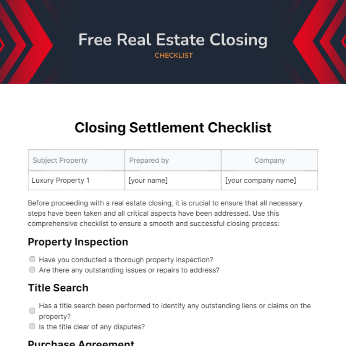 Real Estate Closing Checklist Template