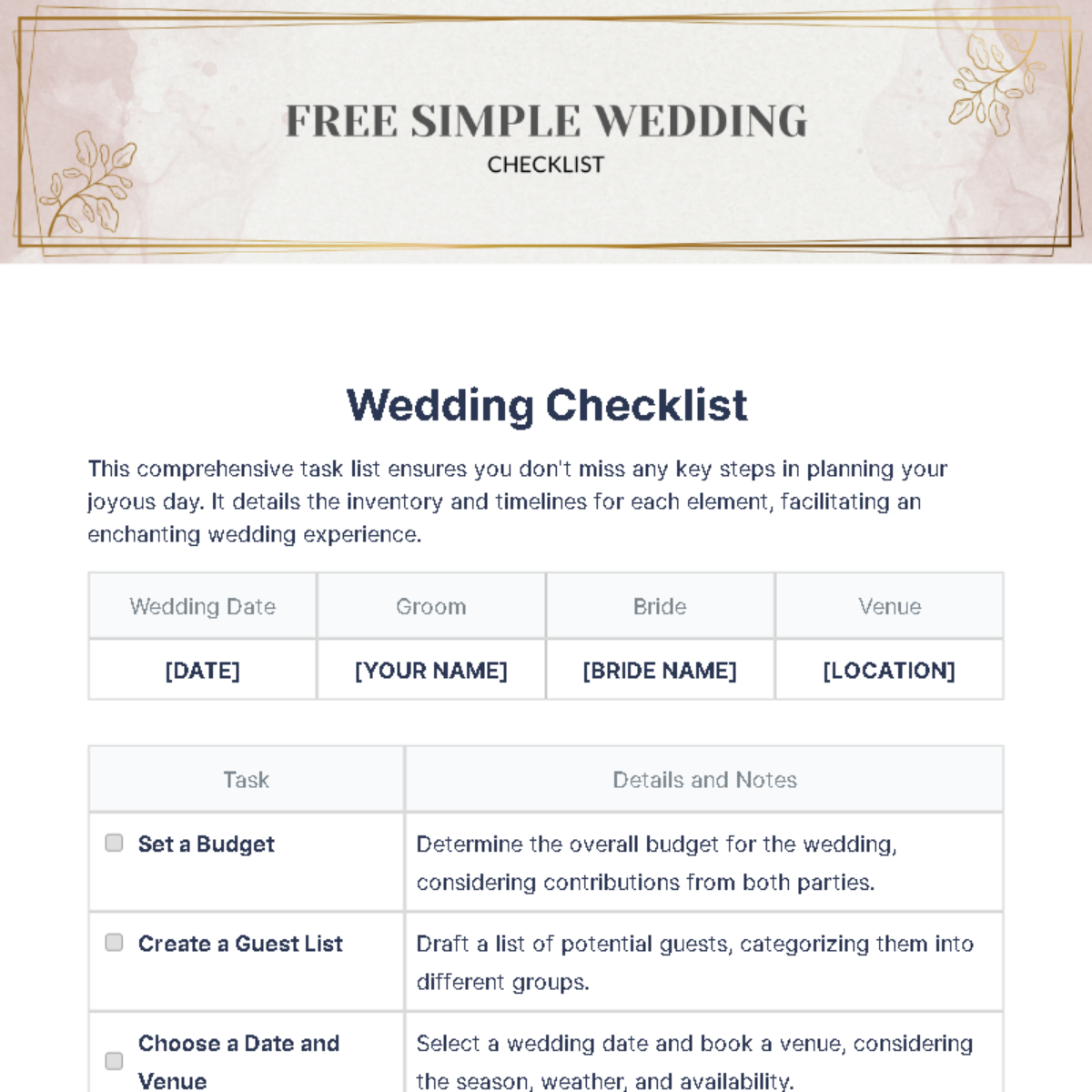 Simple Wedding Checklist Template