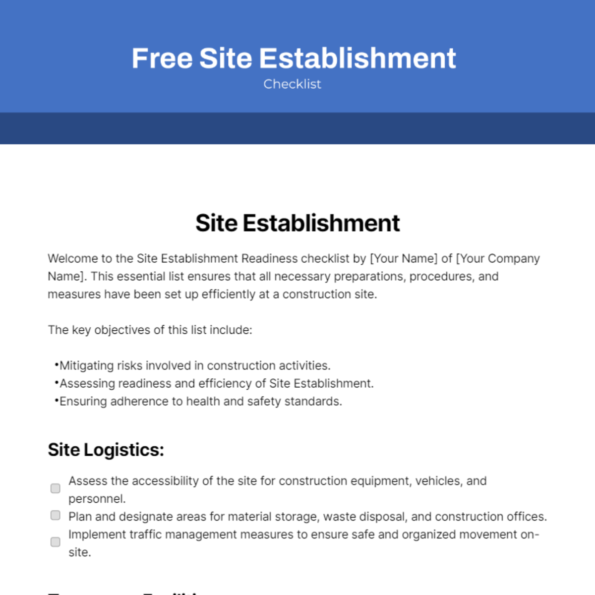 Site Establishment Checklist Template
