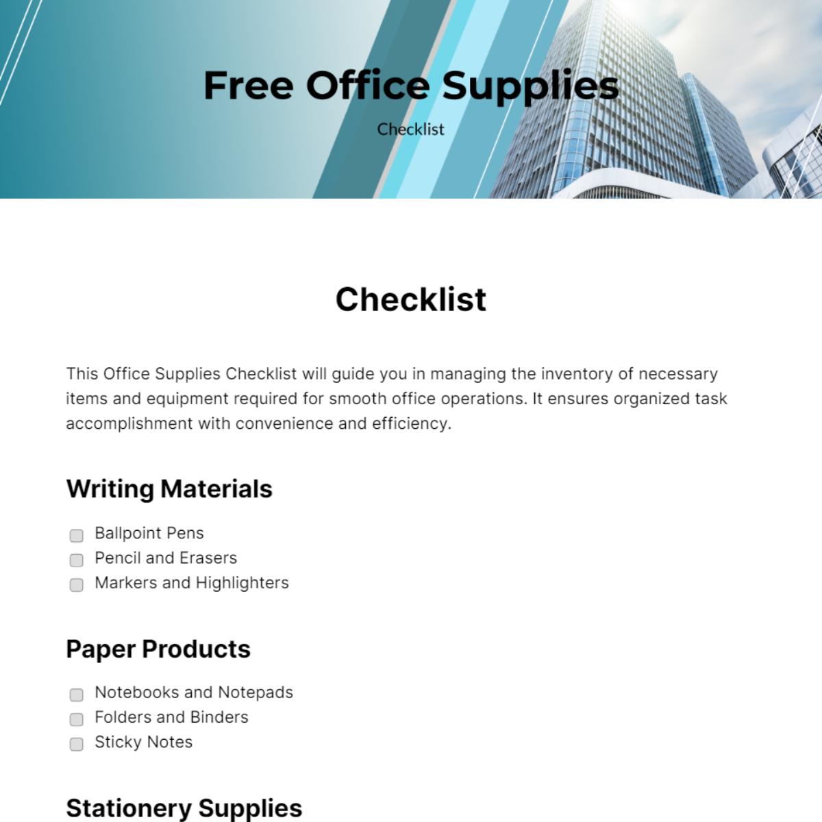 Free Downloadable Office Supply Checklist Form