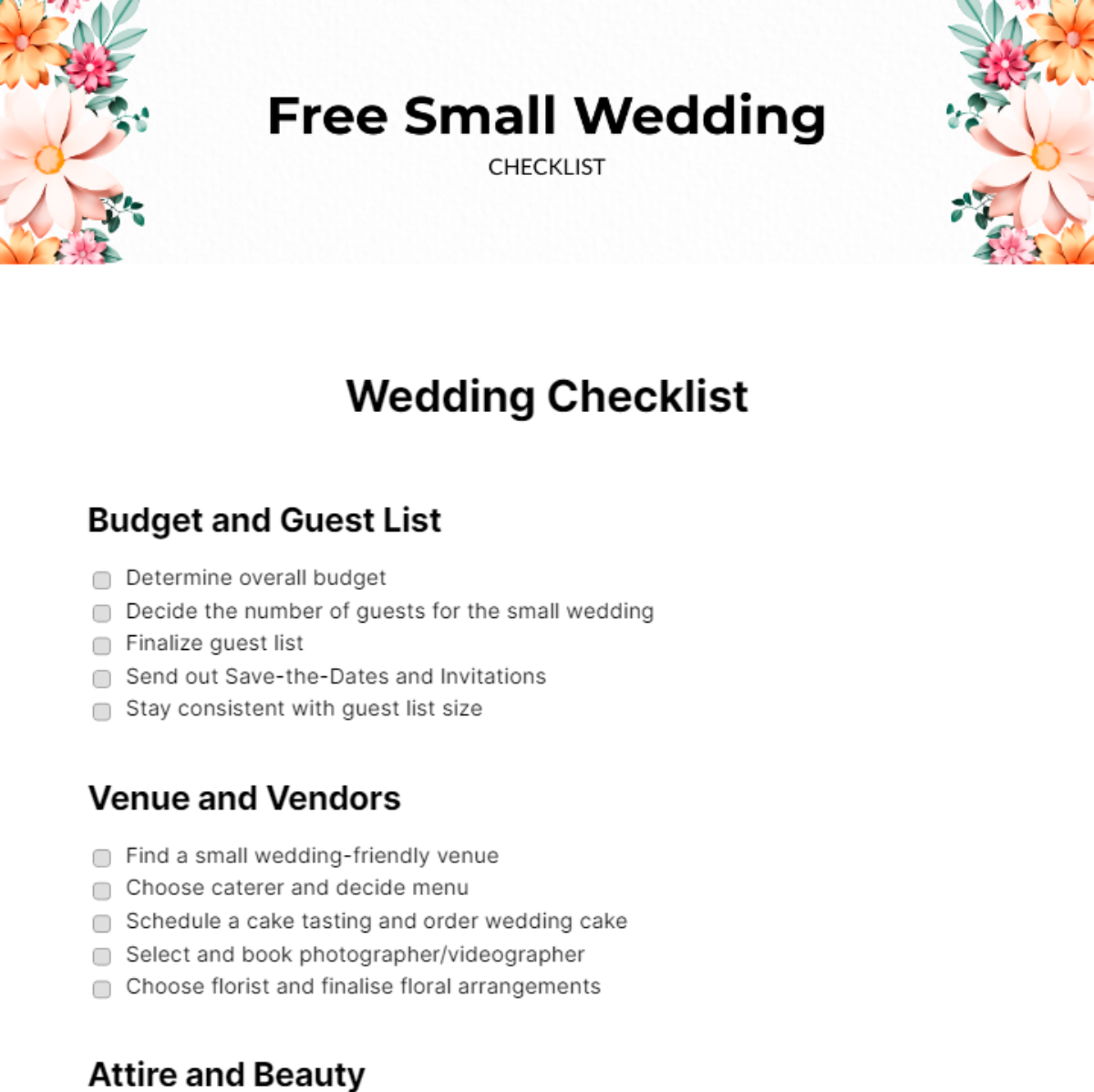 Small Wedding Checklist - Edit Online & Download Example