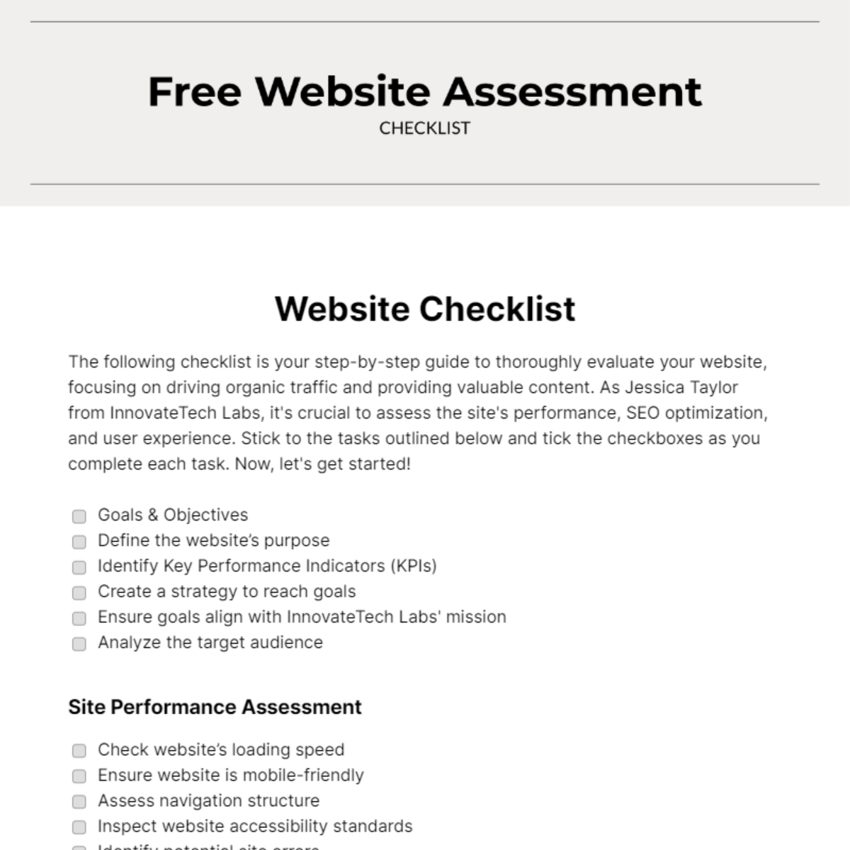 Free Website Assessment Checklist Edit Online Download Template Net