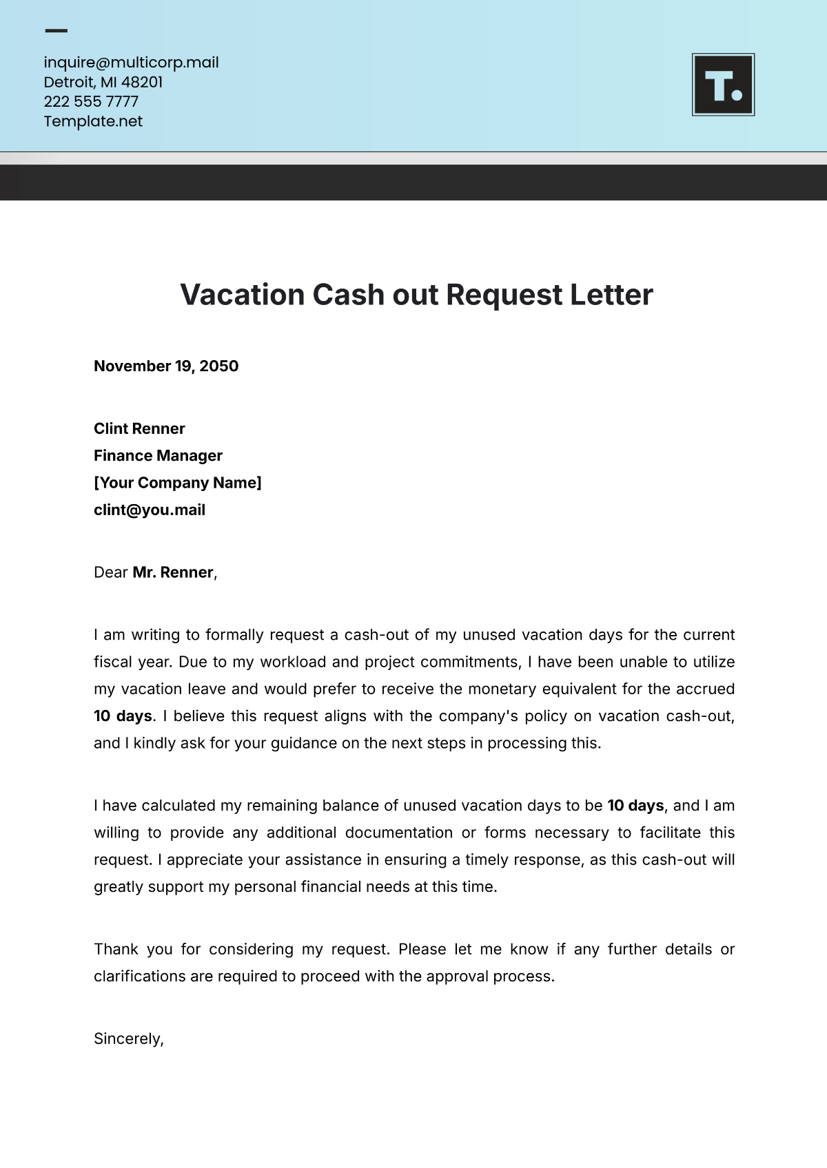 Vacation Cash out Request Letter Template - Edit Online & Download