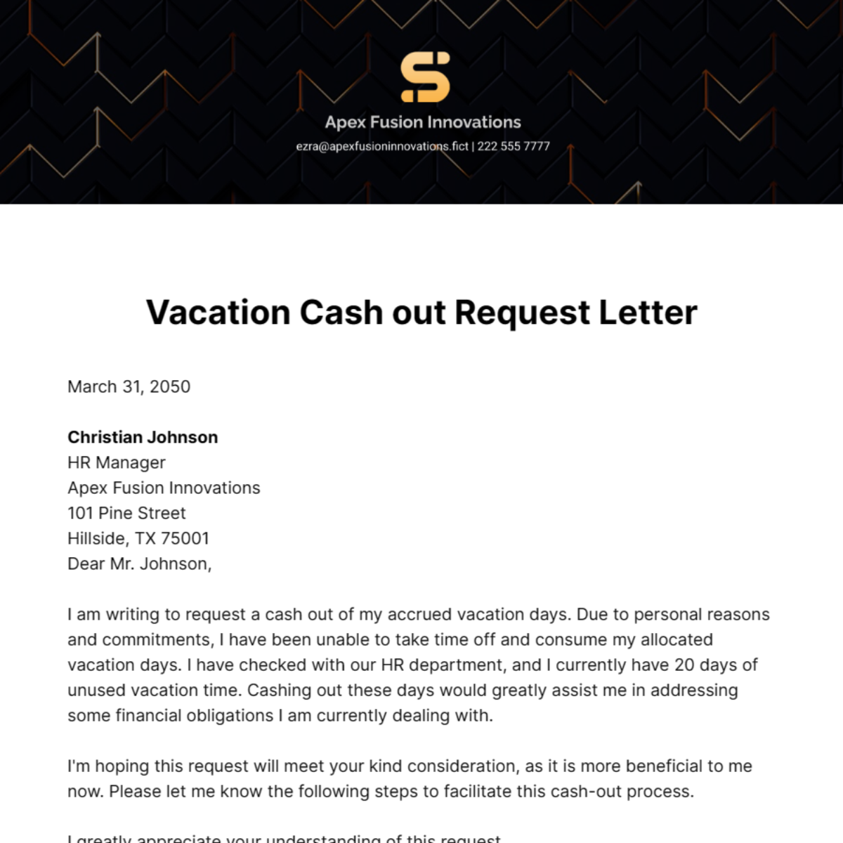 Vacation Cash out Request Letter Template