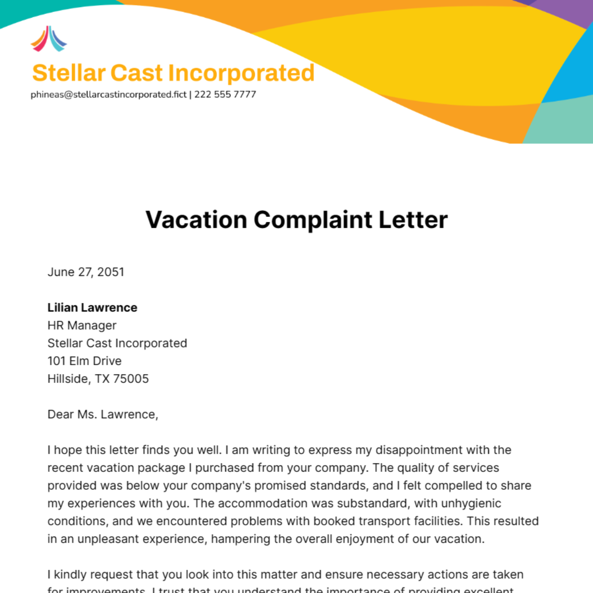 Vacation Complaint Letter Template