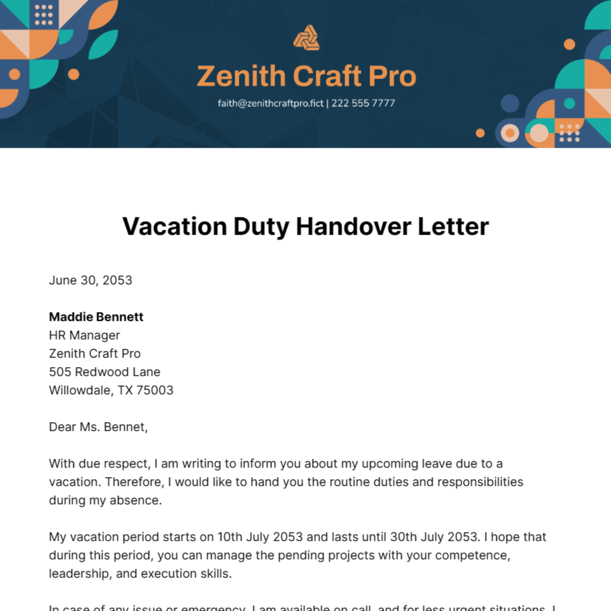 Vacation Duty Handover Letter Template