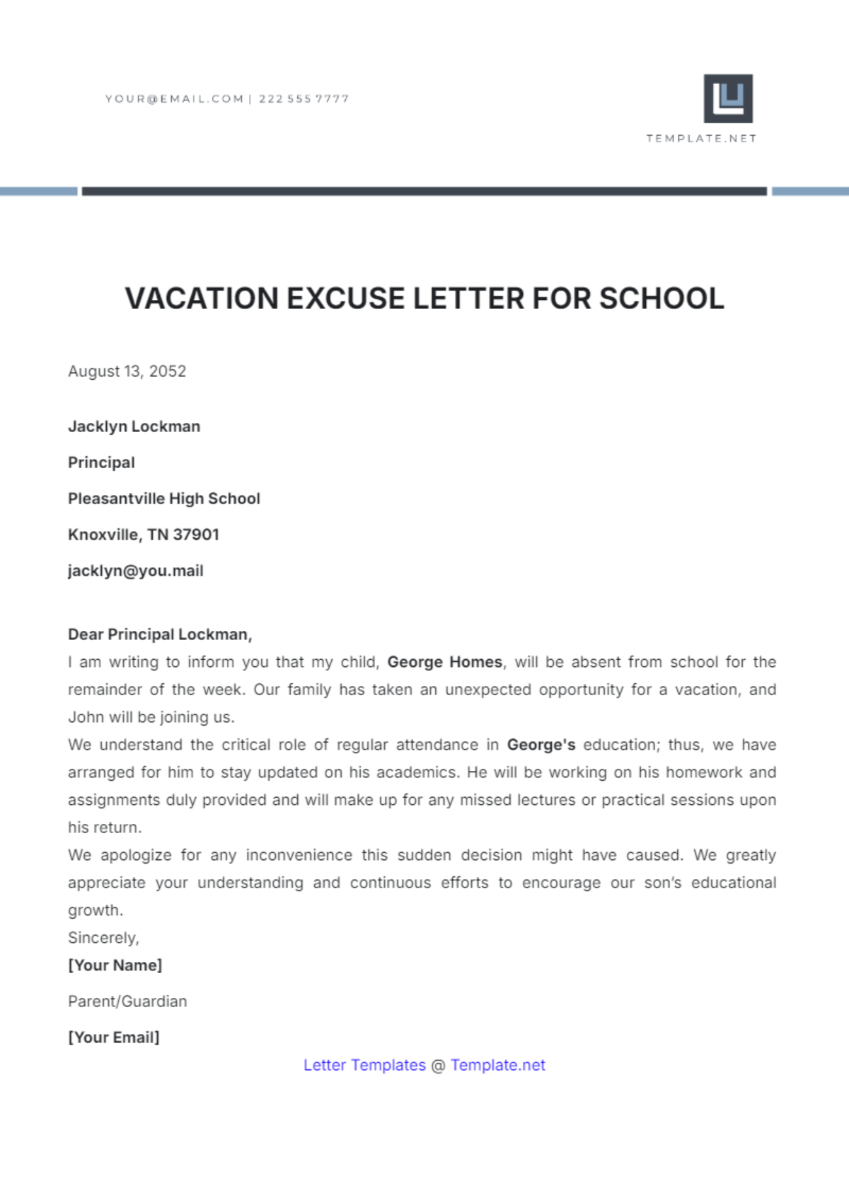 Vacation Excuse Letter for School Template