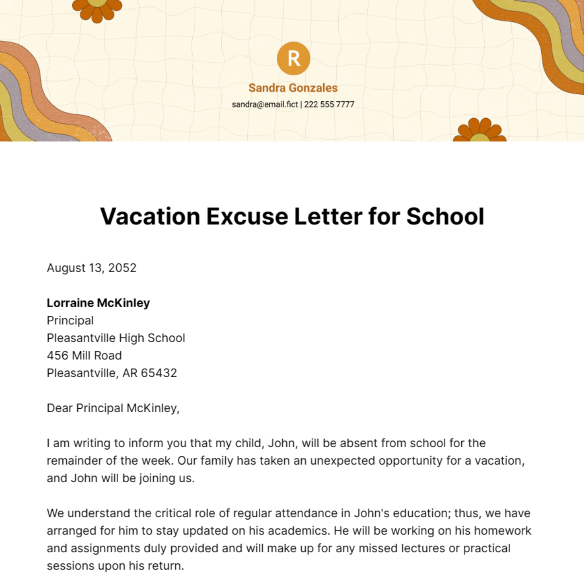 Vacation Excuse Letter for School Template