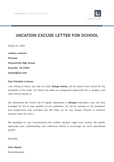 Free Vacation Excuse Letter for School Template to Edit Online