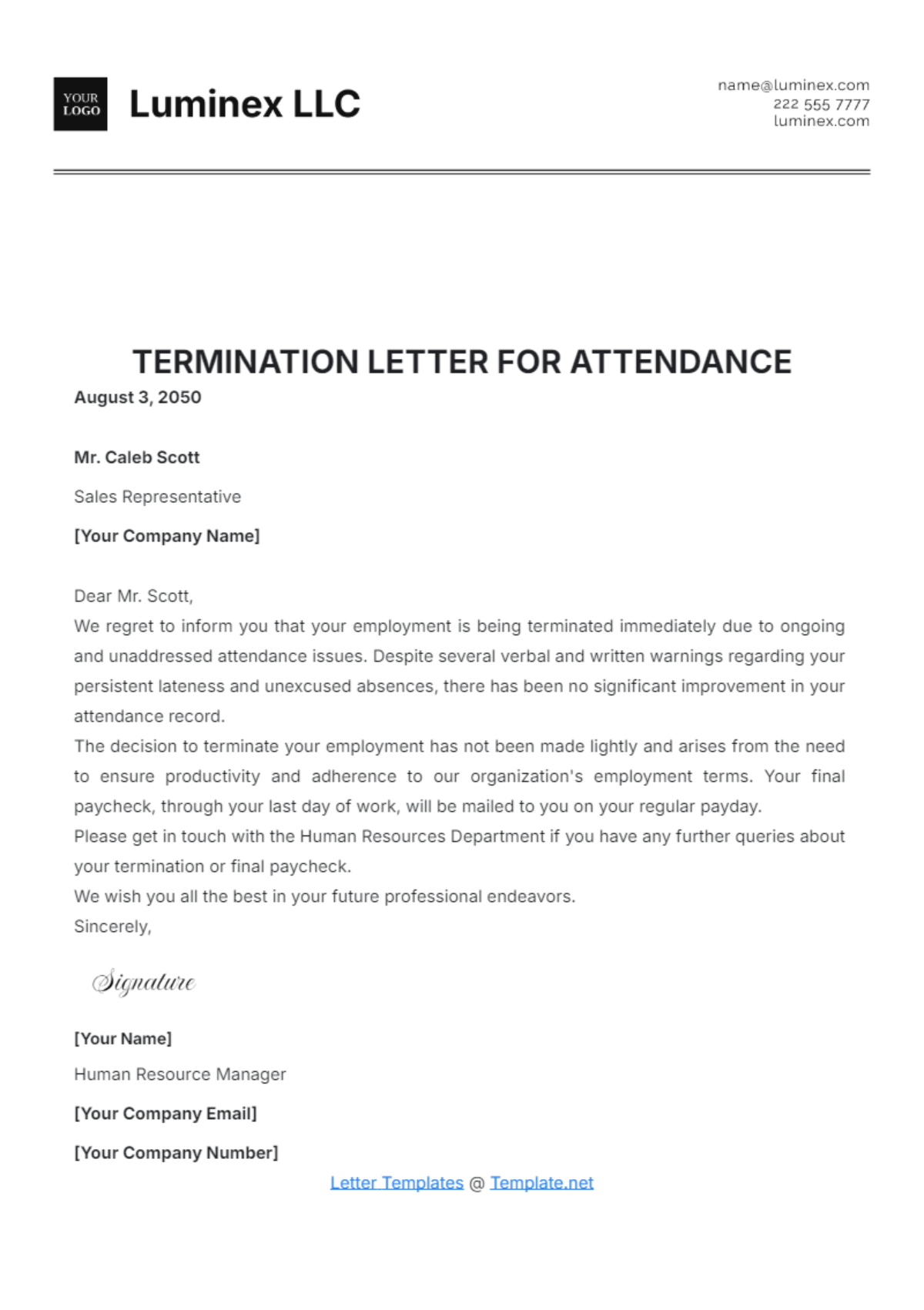 Termination Letter for Attendance Template - Edit Online & Download