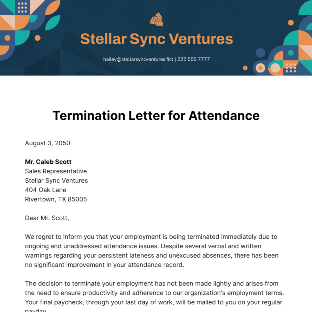 Termination Letter for Attendance Template