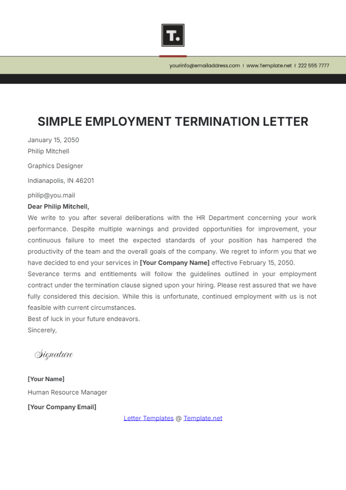 Simple Termination of Employment Letter Template - Edit Online & Download