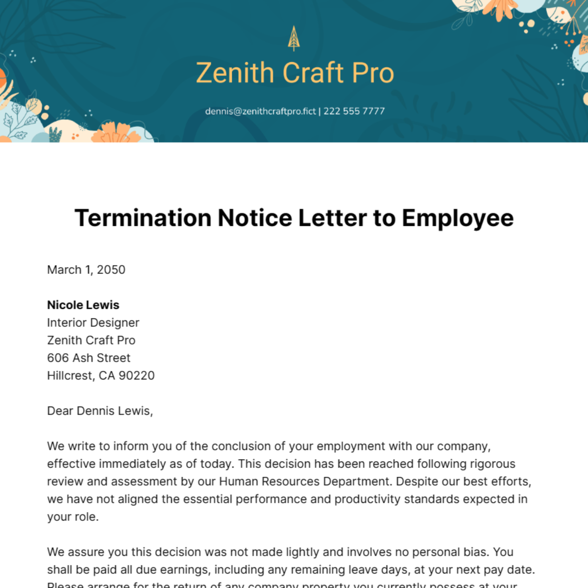 Termination Notice Letter to Employee Template