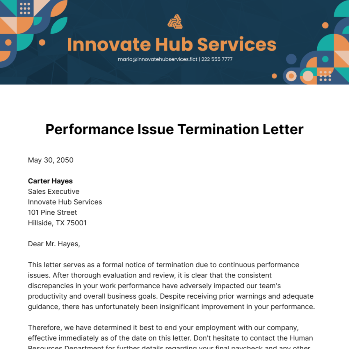 Performance Issue Termination Letter Template