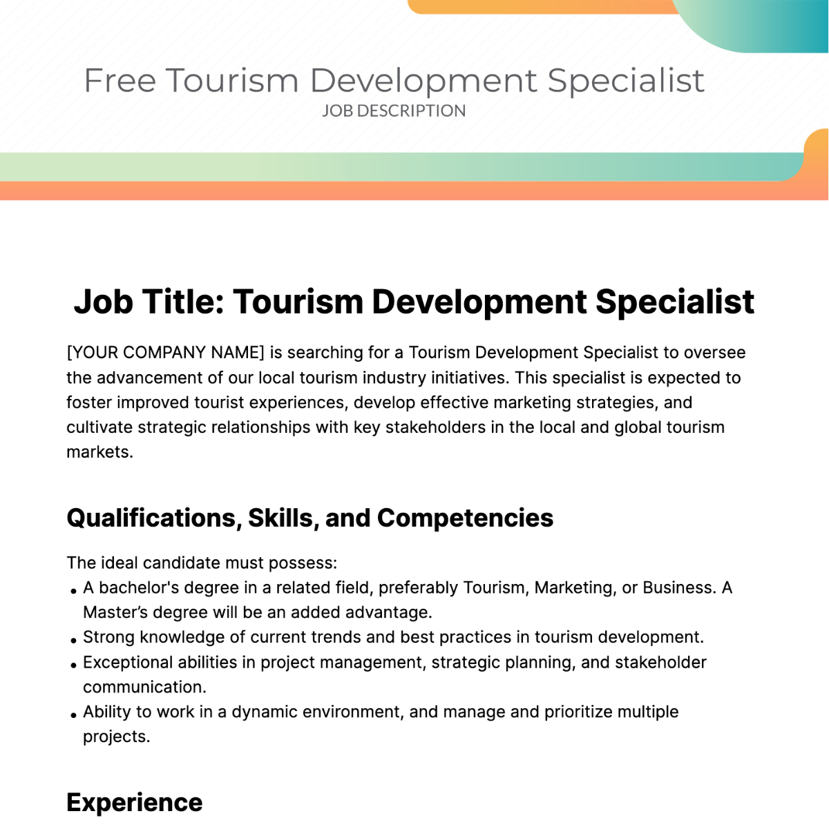Tourism Development Specialist Job Description Template